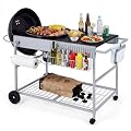 HAPPYGRILL Outdoor Grill Table for 18”& 22” Weber Original Kettle, Movable BBQ Grill Cart w/Wire Rack, Seasoning Rack & Garbage Can, Prep Kitchen Island w/Storage for Backyard Camping Picnic