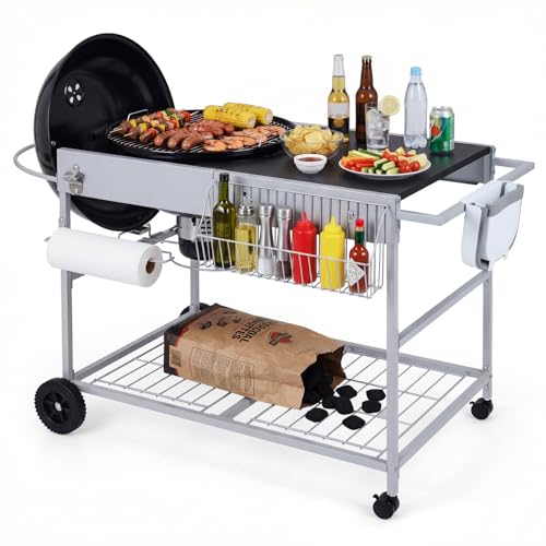 HAPPYGRILL Outdoor Grill Table for 18& 22 Weber Original Kettle Movable BBQ Grill Cart w/Wire Rack Seasoning Rack & Garbage Can Prep Kitchen Island w/Storage for Backyard Camping Picnic