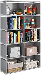 JIUYOTREE 6-Tiers Portable Bookshelf with Fabric Cloth at Back, 10 Cube Closet Storage Organiser Bookcase, Living Room,Study Room,Bedroom, Grey