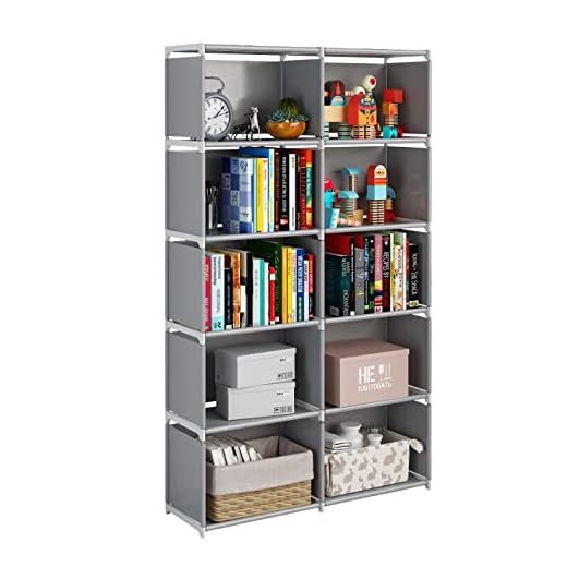 JIUYOTREE Estantería portátil de 6 Niveles con Tela en la Parte Posterior, Organizador de Almacenamiento de Armario de 10 Cubos, estantería, Sala de Estar, Sala de Estudio, Dormitorio, Gris