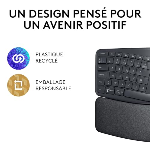 Logitech Ergo K860 Clavier Ergonomique sans Fil - en Deux Parties, Repose Poignet, Frappe Naturelle, Bluetooth Et Connectivité USB, Compatible avec PC & Mac, Clavier Français AZERTY - Gris