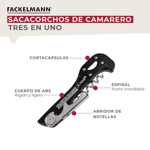 Fackelmann Sacacorchos de Camarero con Corta Cápsulas, Sacacorchos Manual, Sacacorchos Clásico, Accesorios para Vino, Abridor de Botellas, ABS y Acero Inox, Color Negro, 13x3,6 cm, 1 ud. - imagen 2