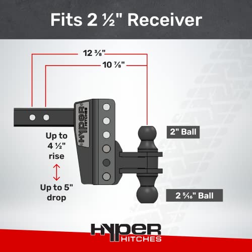 Hyper Hitches Adjustable Trailer Hitch, Fits 2.5 Inch Receiver, Adjustable Drop/Rise, Includes 2-Inch and 2 5/16-Inch Dual-Ball Hitch, Up to 25,000 GTW, Made in The USA (5" Drop)