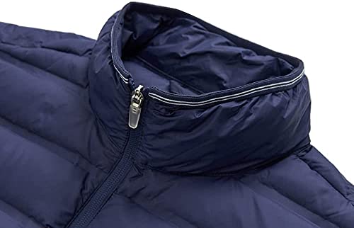 Image of Mens Thin Puffer Coat With Pocket Portable Standing Collar Duck Down Winter Coat Lightweight Windproof Heat Retaining (Navy, X-Large)