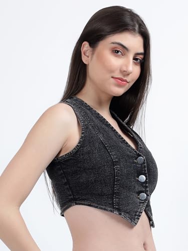 Image of DRAPE AND DAZZLE Stylish Denim Jacket |Casual Wear Jacket | Trending Crop Waistcoat Jacket for Women DD-097