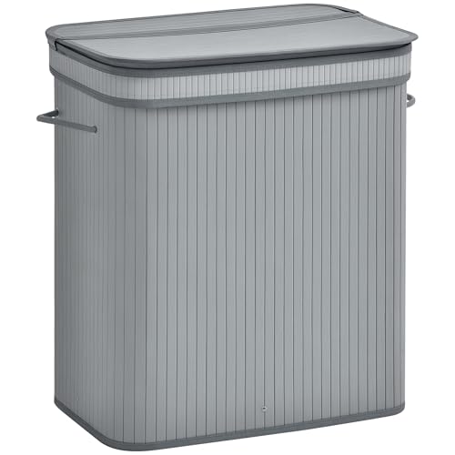 HOMCOM Cesta de madera natural de 100 L para la ropa sucia, compartimento con tapa abatible, forro extraíble, base de tablero, plegable, duradera, resistente al agua, almacenamiento de ropa sucia