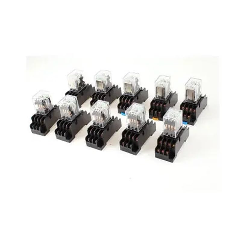 10 relés de potencia de CC de 12 V, bobina, 4 pines, LED verde, 14 pines, con base de zócalo