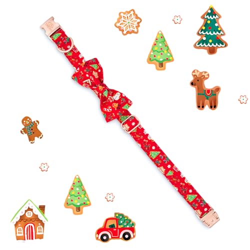 Image of Tunkoo Christmas Dog Collar with Elegant Bow Tie Soft Comfy Cotton Adjustable Collar, Premium Metal Buckle for Puppy and Cat Small Medium Large (Christmas C, M)
