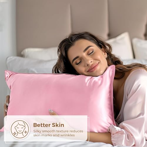 Image of Premium Satin Pillowcase Set of 2 with Eye Mask & 3 Scrunchies | Silky Soft, Anti-Frizz, Skin & Hair Care Sleep Set | Luxury Gift Combo for Women & Girls (Pink)