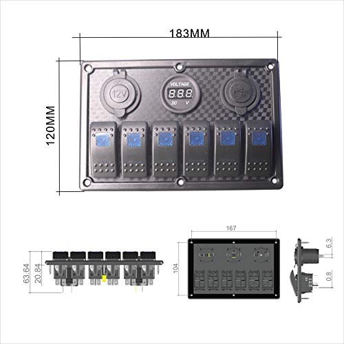 6 Gang Rocker Switch Panel - JOYHO Fuse Panel Waterproof, Digital Voltmeter Display, Dual USB Charger Port DC 12V Power Socket, 12/24V Breaker Switch for RV Marine Car Vehicles Truck Boat, Blue Light