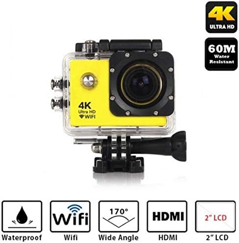 GLE Sports WiFi Action Camera 4k 30fps Video Photo 170 Degree Fish-Eye 30M Waterproof Lens Built-in WiFi for Android/iOS Devices Time Lapse with 2 Batteries & Carry Bag Sports (Yellow, 12 MP)