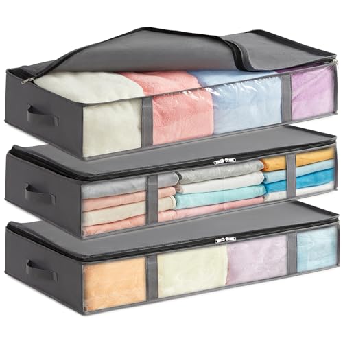 Lifewit Bolsas de Almacenaje para Debajo de la Cama, Cajas para Guardar Ropa con Ventana Transparente Frontal, Organizadore Armario para Toallas, Mantas, Gris, 75 L, 3 Piezas