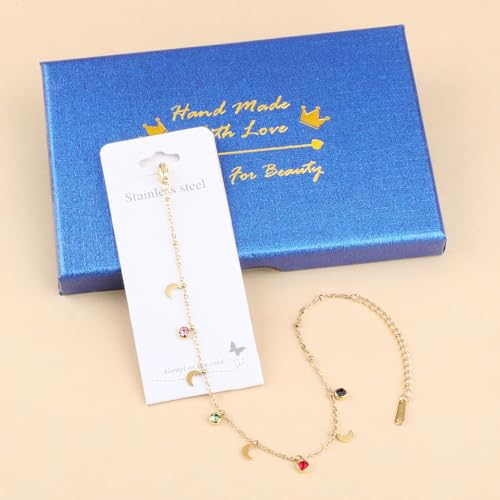 Image of 18K Gold Plated Stainless Steel Dainty Charms Colorful Crystal Birthstone Bracelet Minimalist Cute Jewelry for Women