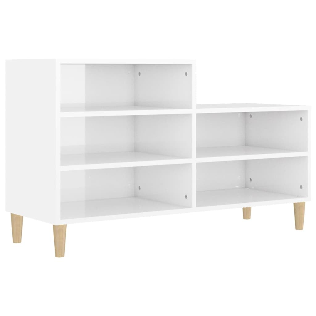 Regał na buty, wysoki połysk, biały, 102 x 36 x 60 cm, materiał drewnopochodny z 5 półkami, drewniane nogi i stabilna górna płyta do przechowywania i organizacji