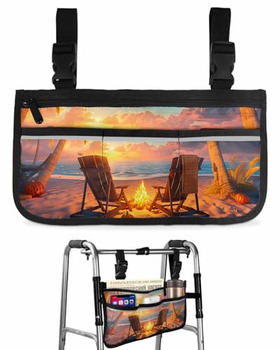 Anzona Fall Sunset Wheelchair Side Bag Walker Bag, Summer Coastal Beach Bonfire Pumpkin Wheelchair Accessories Armrest Pouch, Organizer Storage Bag for Walkers, Rollators, Scooters, 7.3''x13''