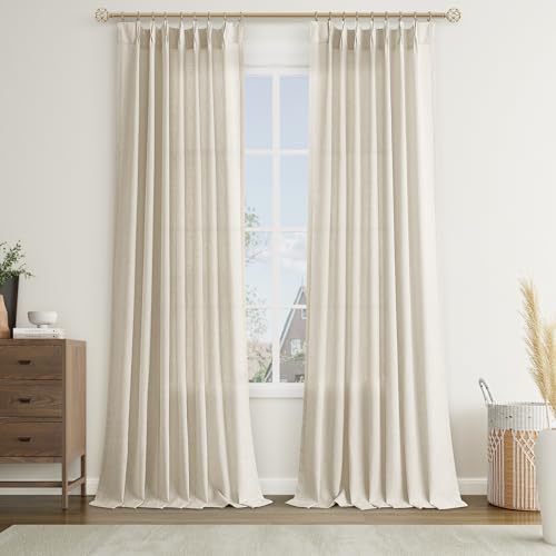 Joywell Beige Linen Pinch Pleated Curtains 108 Inches Long,Back Tab Clip Rings Window Textured Modern Flax Burlap Boho Neutral Drapes with Hooks for Bedroom Living Room,W40 x L108,2 Panels