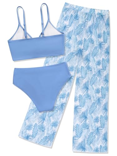 ESHOO Girls Swimsuits 3 Piece Bikini Bathing Suit Criss Cross Tropical Floral Swimwear Quick Dry Cover Up Pants 9-16Y2