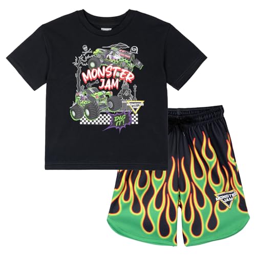 Monster Jam Little Boys' Allover Print 2-Piece Short Sleeve Graphic Tee and Mesh Shorts Outfit Grave Digger Flames 6