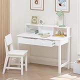 Spirich Kids Desk and Chair Set, Kids Study Desk with Hutch for 5-12 Years Old, Children Wooden Study Table, Student Writing Table Computer Workstation