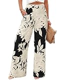 BTFBM Womens Pants 2026 Pockets Boho Printed Elastic Waist Wide Leg Palazzo Pants for Women Work Beach Vacation Clothes(Floral Black Apricot, Small)
