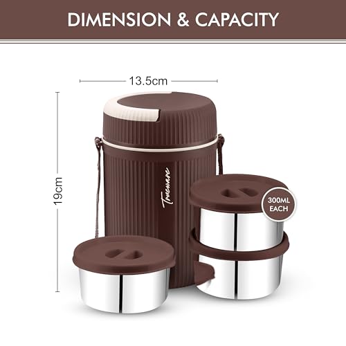 Image of Trueware Plastic Grub 3 Double Wall Insulated Hot Lunch Box with 3 Ss Container 300 Ml Each | Bpa Free | Food Grade | Hot and Fresh Many Hours (Brown (LBI-GRB-003-Brown BAZ)