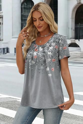 Image of WIHOLL Women T Shirts Pleated Short Sleeve Tops Business Casual Dressy Blouses