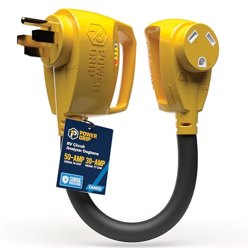Camco Power Grip 18" RV 50-Amp Circuit Analyzer Dogbone - Features Integrated Surge Protection & Fault Indication, 50-Amp Male to 30-Amp Female, 125V / 3750W (55563) by Camco - Used condition - US$41.37