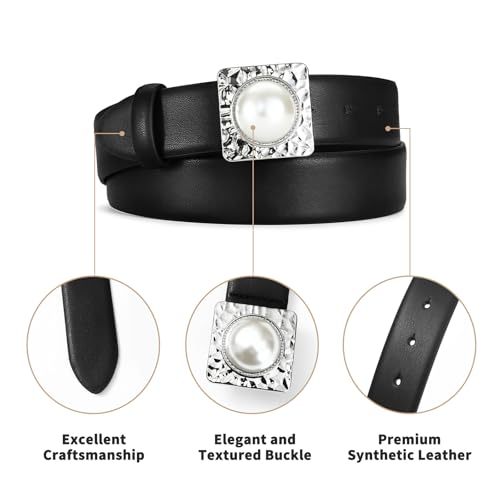 Black Belt with Square Buckle with Pearl Decorate Synthetic Leather Fashionable Waist Belt for Jeans4