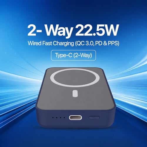 Image of Nextech Mag-Safe Magnetic Wireless Power Bank 10000mAh | 22.5W Fast Charging PD Type C | 15W Powerbank for iPhone & Android | Compact Slim Portable Charger with LED Indicator - Greyblue
