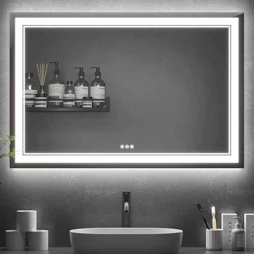 Homedex 48”x 32” Bathroom Led Vanity Mirror with 3 Colors Light, Dimmable Touch Switch Control, Anti-Fog Wall Mounted Makeup Mirror for Wall (Horizontal)