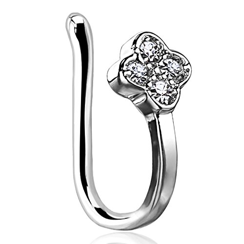BodyJ4You Fake Nose Clip On Ring Dia Flower CZ Paved Crystals Non-Piercing 18G Steel Ear Illusion Jewelry