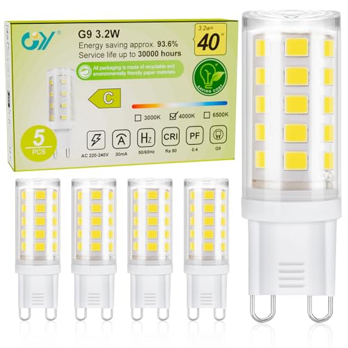 GY Ampoule G9 Led Blanc Neutre 4000K, 3.2W 520LM Equivalent 40W, Classe C Ampoule LED G9, 16mm x 50mm, 220-240V, Base en céramique, Non-Dimmable, Lot de 5