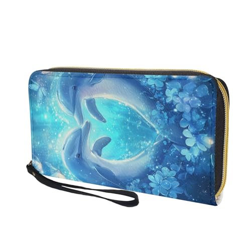 Blue Dolphin Floral Clutch Wristlet Women Long Wallet RFID Blocking Credit Card Holder PU Ladies Purse Handbags2
