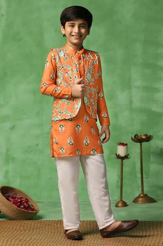 Image of Fashion Dream Boy's Cotton Blend Printed Kurta Pyjama And Jacket Set|Kurta And Payjama Set