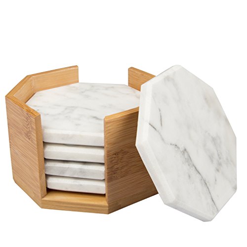 White Carrara Marble Coasters with Bamboo Holder, Set of 5 - Great Mother's Day Gift