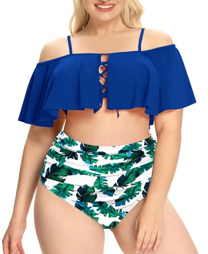 SHEKINI Traje de baño de dos piezas para mujer, talla grande, hombros descubiertos, con cordones, parte inferior de bikini de cintura alta, Azul+estampado, 5XL
