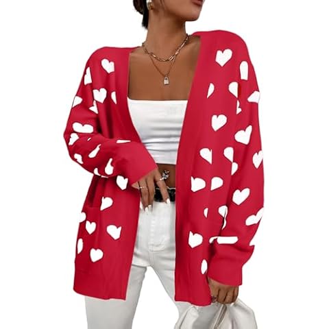 Heart Cardigan Sweater for Women Oversized Valentine Cardigan Cute Love Print Open Front Knit Sweaters Coat with Pockets Red Cover