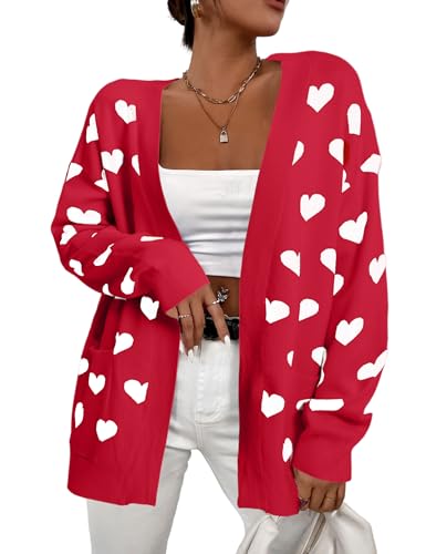 Heart Cardigan Sweater for Women Oversized Valentine Cardigan Cute Love Print Open Front Knit Sweaters Coat with Pockets