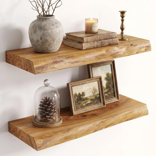 Image of Fun Memories 18 inch Wall Mounted Floating Shelves, Natural Elm Wood, 2 Pack