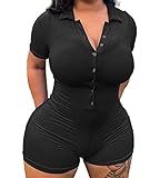  ORANDESIGNE Combinaison en Tricot Femme Manche Courte Bodysuit Sexy Col en V Combishort Serrée Une Pièce Moulante Barboteuse Vintage Y2k Streetwear E Noir S