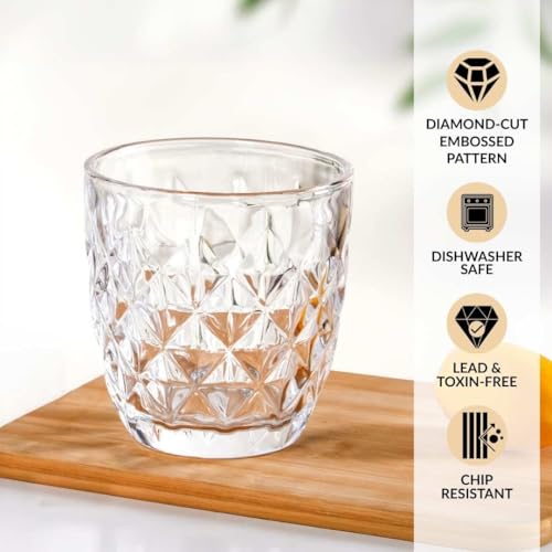 Image of Nestasia Transparent Small Juice Glasses Set of 6 (260 ml Each) - 100% Food Safe & Dishwasher Safe Diamond Textured Tumblers - Ideal for Water, Tea, Coffee & Refreshments - Perfect for Gifting