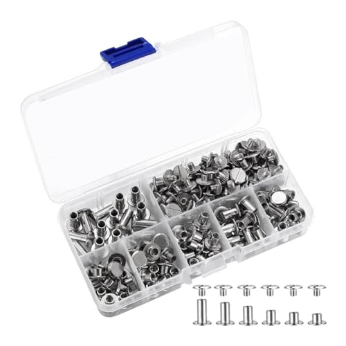Benssey 90 Juegos de Tornillos Chicago, 6 Tamaños de Remaches de Tornillo, Tornillos de Unión Chicago de Metal para Reparación de Bricolaje, Cinturón Artesanal de, Plateado
