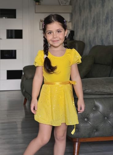 Image of EQSJIU Ballet Leotards for Girls with Removable Skirt Combo Tie Ruffle Sleeve Outfit