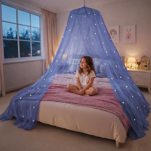 Bollepo Blue Canopy Bed, Blue Bed Canopy with Glow in