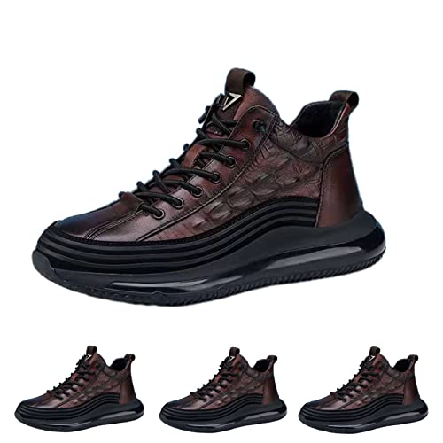 DevilAngel Men's Leather Crocodile Pattern Leather Shoes, Embossed Arch Support Leather Shoes, Sports Air Cushion Sneakers. (Brown,9)