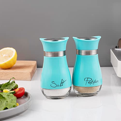 Image of Lonffery Salt and Pepper Shakers, Stainless Steel and Glass Bottle, Set of 2, Turquoise