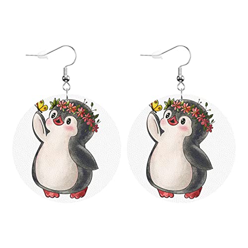 Swono Funny Cartoon Penguin Round Faux Leather Earrings for Women Arctic Penguin Wearing Wreath Butterfly Watercolor Ink Style Lightweight Double-Side Printed Drop Dangle Earring for Birthday Gift