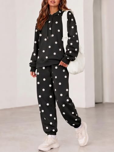 Fisoew Womens Polka Dot 2 Piece Sets Long Sleeve Hooded Tops Jogger Pants - image 5