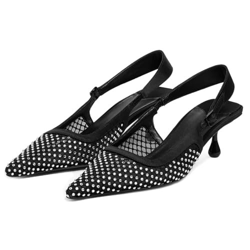 Goolita Sparkly Crystal Kitten Heels For Women, Mesh Closed Pointed Toe Slingback Heels With Buckle Party Evening Dress Pumps Shoes