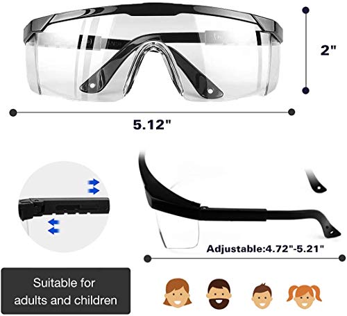 Ohwekit Safety Goggles Protective Eyewear Goggles, Clear Anti-fog/Anti-Scratch Adjustable Temple Safety Glasses over Prescription Glasses, Black Frame
